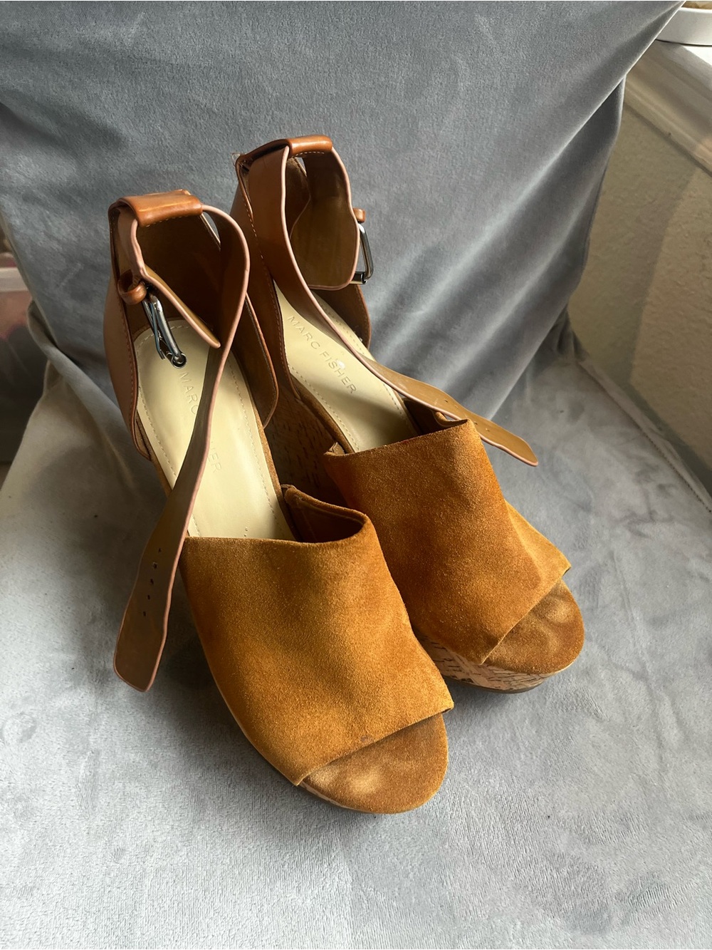 Marc Fisher Cognac Suede Platform‎ Wedge Sandals with Ankle Strap